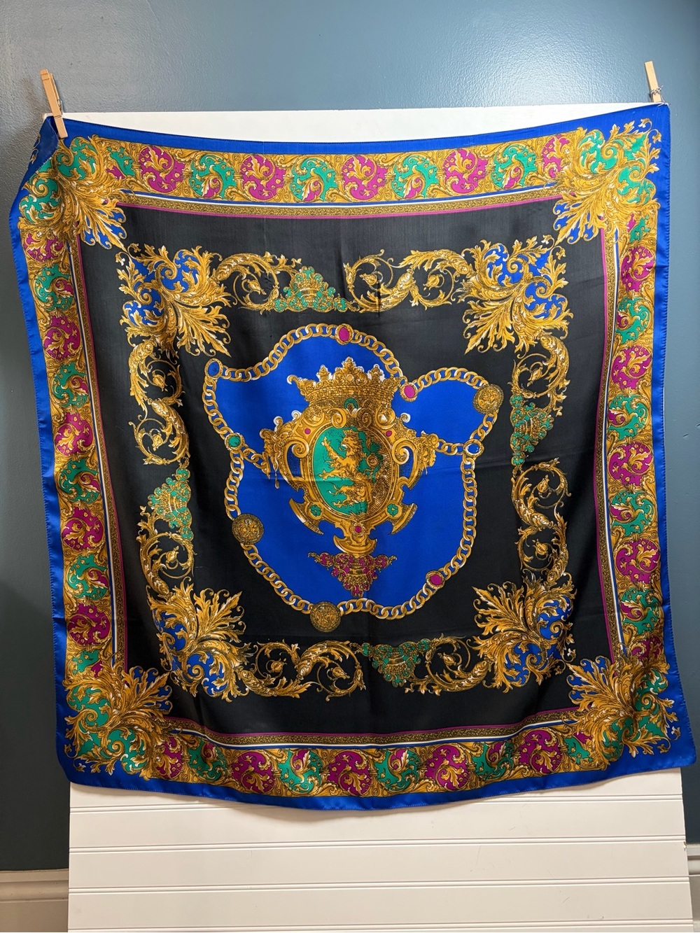 Luxury Baroque Print Silk-Feel Square Scarf in Black and Blue